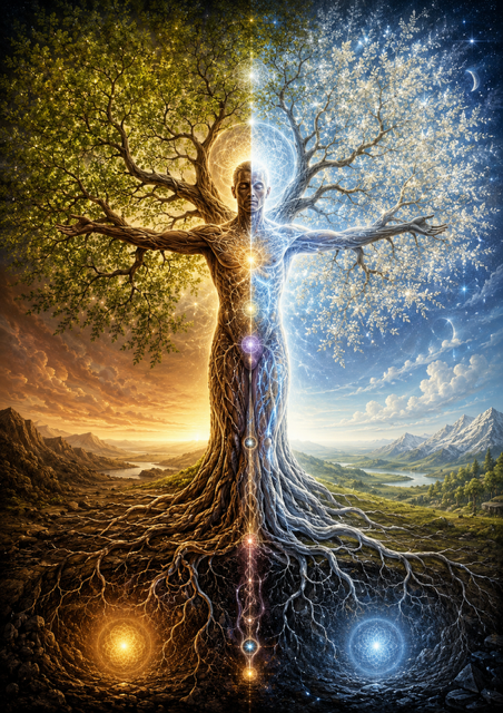Mensch und Baum zwischen Licht und Dunkelheit