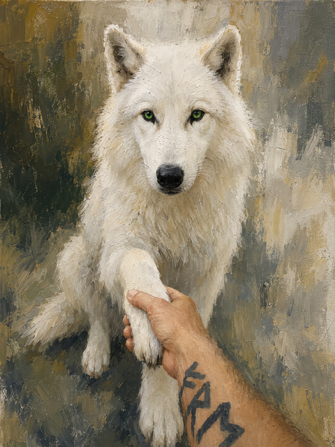 Weißer Wolf reicht die Pfote